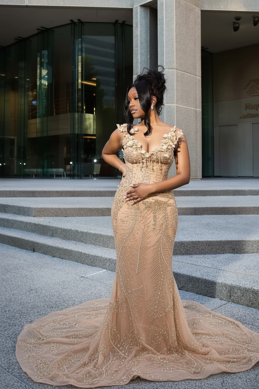 Sparkly Beadings Brown Mermaid Prom Dress Sleeveless with Tassels