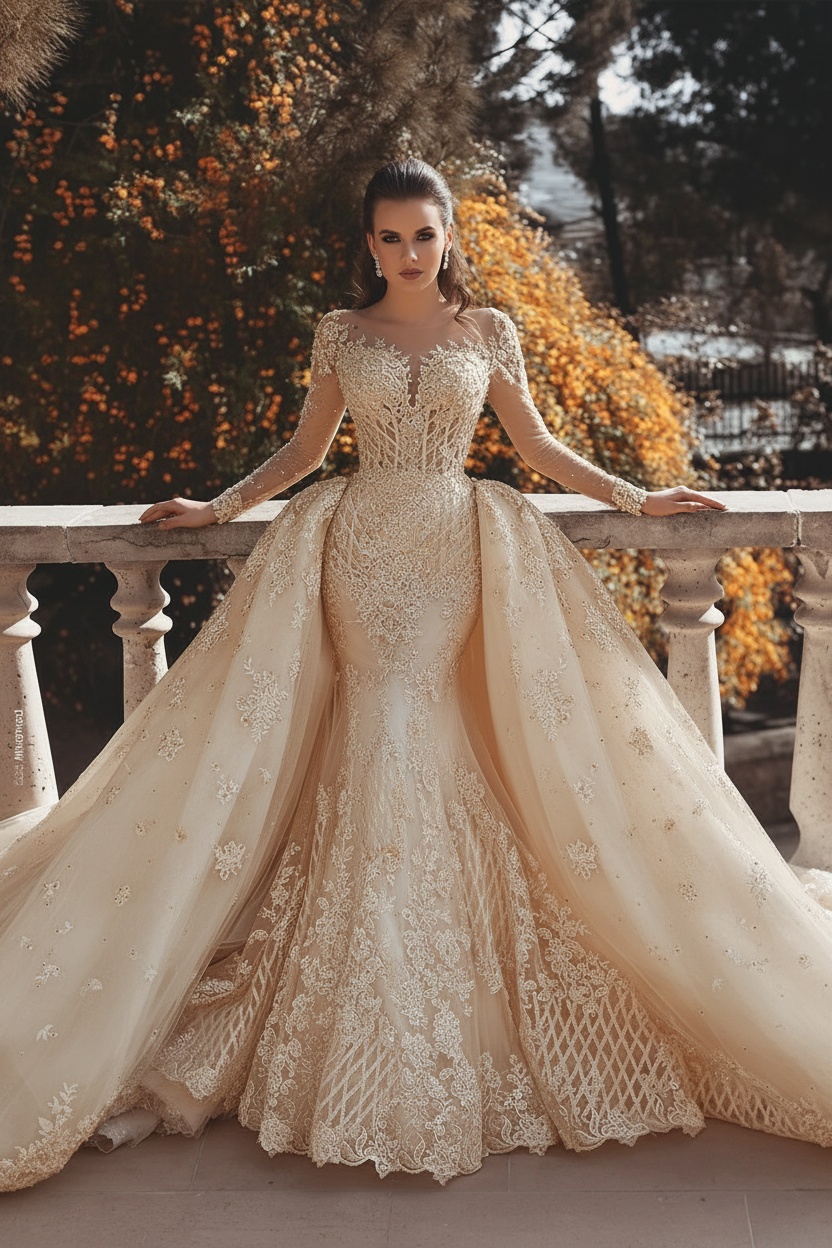 Vintage Mermaid Overskirts Long Lace Wedding Dresses