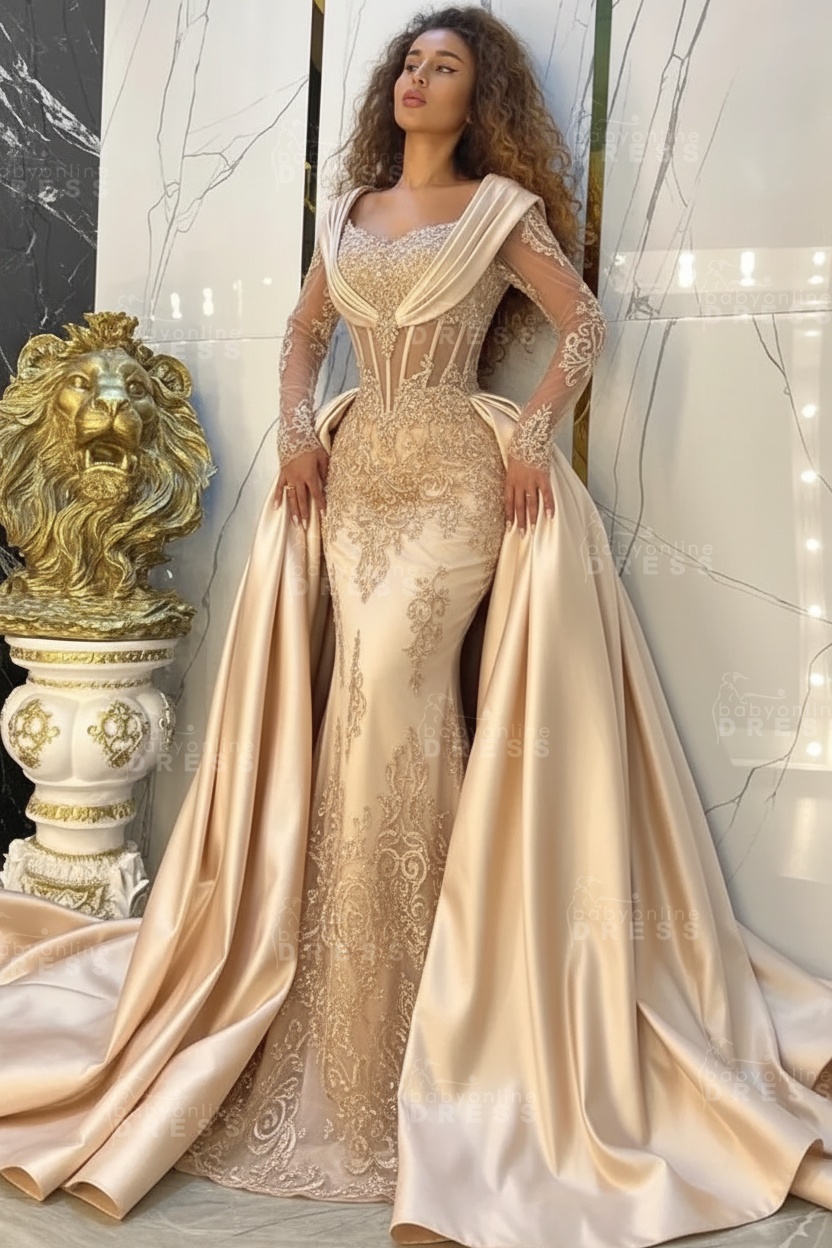 Gorgeous Sweetheart Appliques Lace A-Line Prom Dresses Long Sleeve Chapel Train