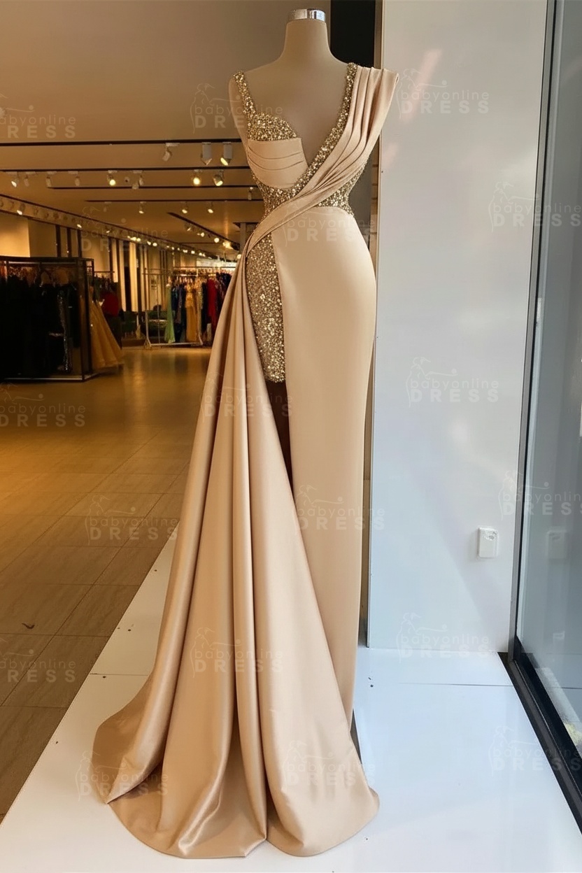 Luxury Satin Prom Dress Sleeveless with Sequins Sleeveless Evening Gown