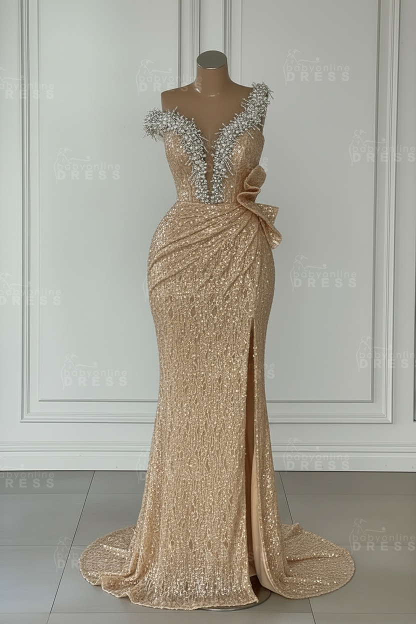 One Shoulder Sequins Sleeveless Long Mermaid Prom Dress