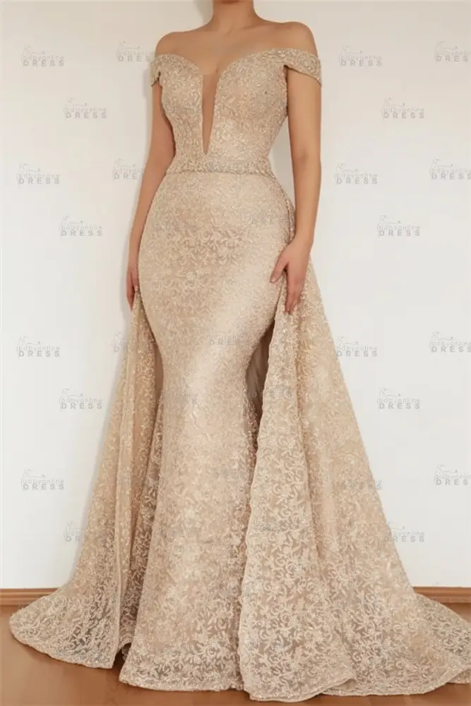 Burgundy Glamorous Mermaid Off The Shoulder Lace Appliques Prom Dress With Detachable Skirt