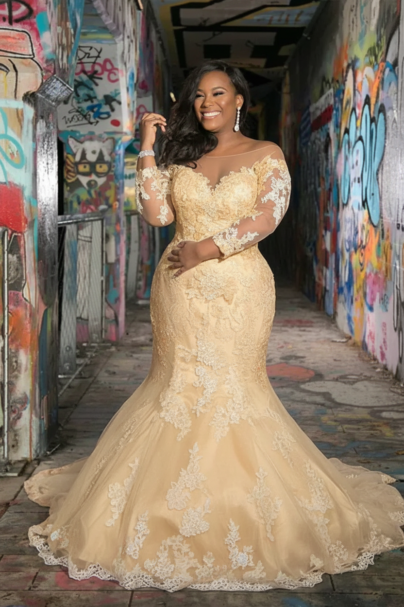 Long sleeves V-neck Plus size Mermaid Bridal gowns for Wedding