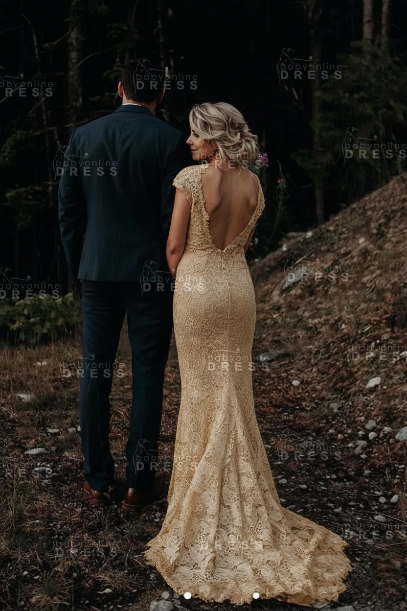 Cap sleeves Sexy Backless Lace Ivory Court Train Boho Wedding Dress