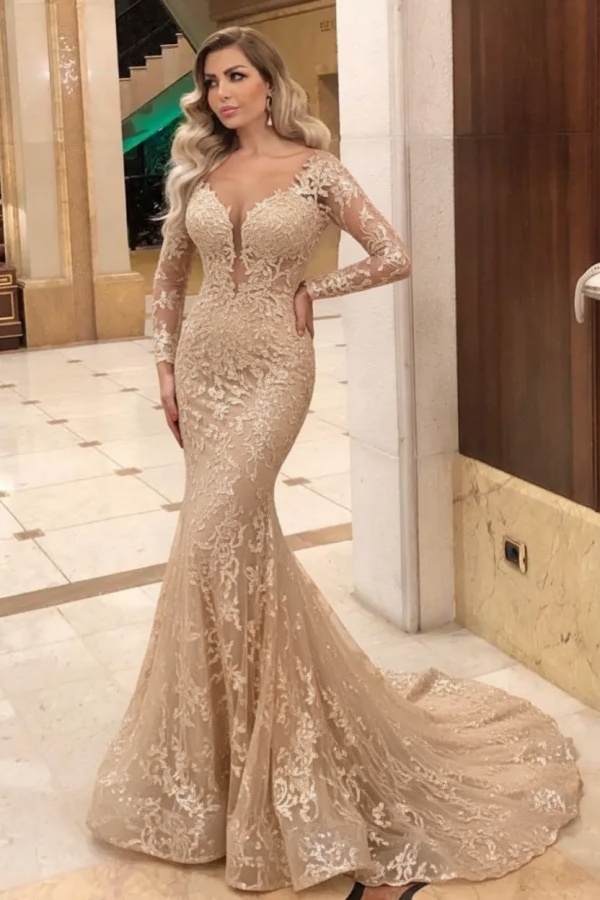 Sexy Black Lace Mermaid Evening Maxi Dress Long Sleeves Sequins Prom Dress
