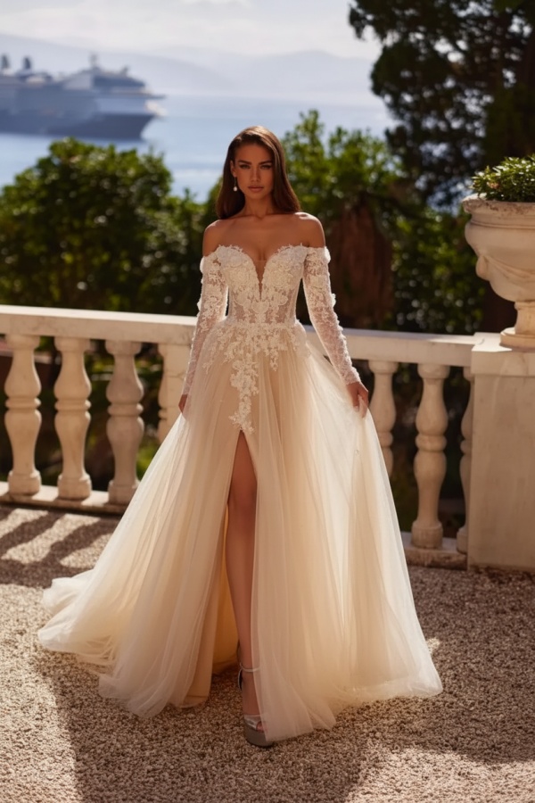 Off-the-Shoulder Long sleeves High Split Tulle Wedding Dresses with Appliques