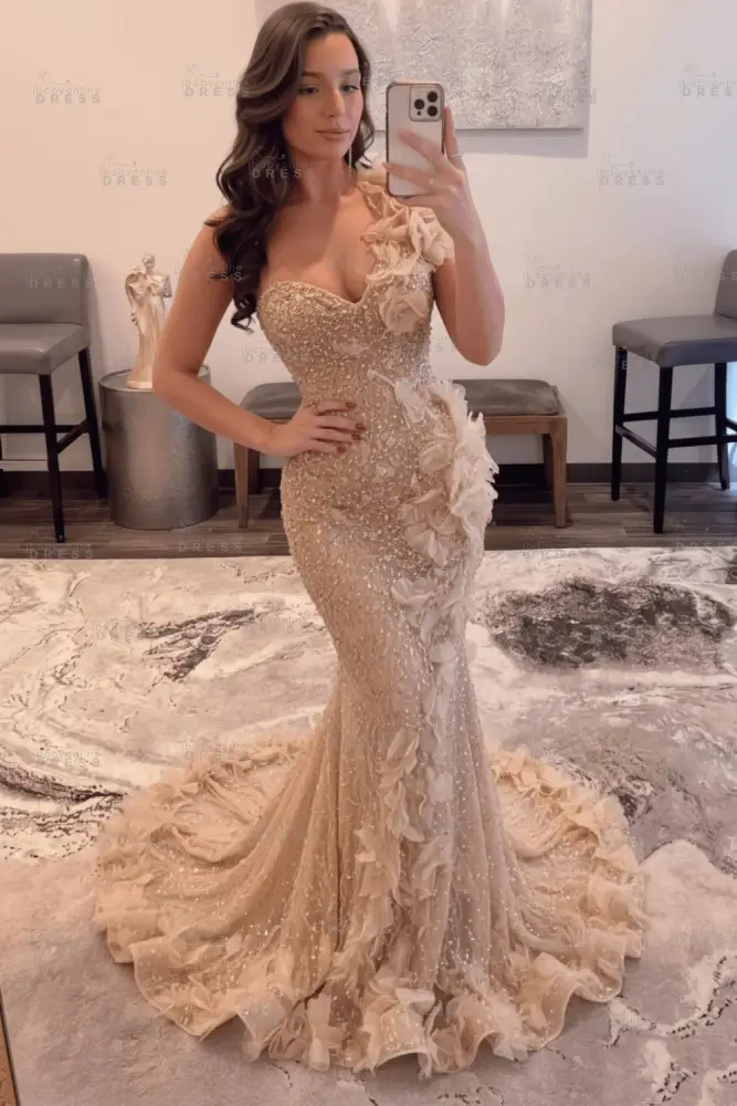 Luxury One Shoulder Sequins Mermaid Prom Dress with Beadings Evening Gown Appliques