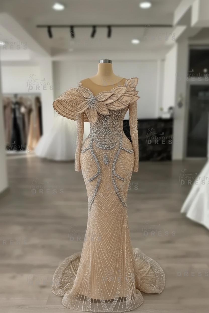 Luxury Crystals Long Sleeves Floor-Length Mermaid Prom Dress with Flowers 