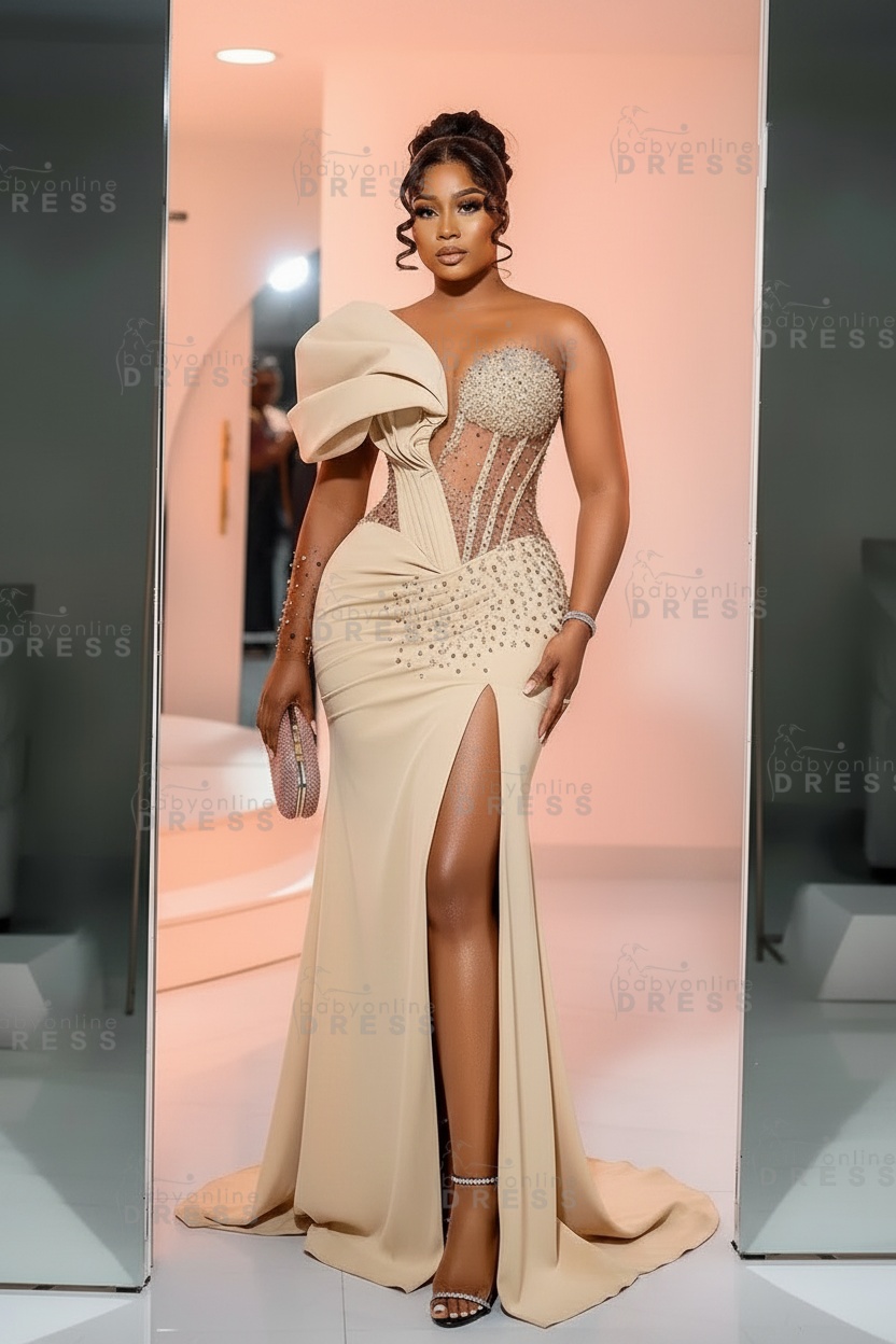 One-Shoulder Long Sleeves Corset Beadings Mermaid Prom Dress with High Split
