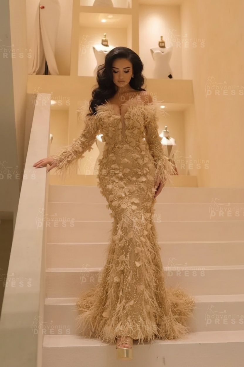 V-neck Long Sleeves Mermaid Evening Dresses Floor Length with Flowers