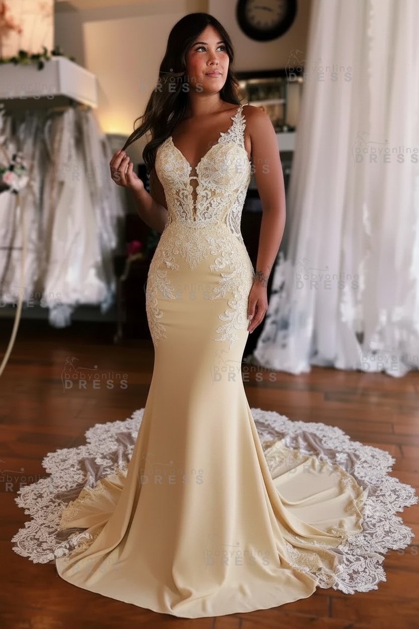 Lace Sleeveless Straps Mermaid Wedding Dress with Train
