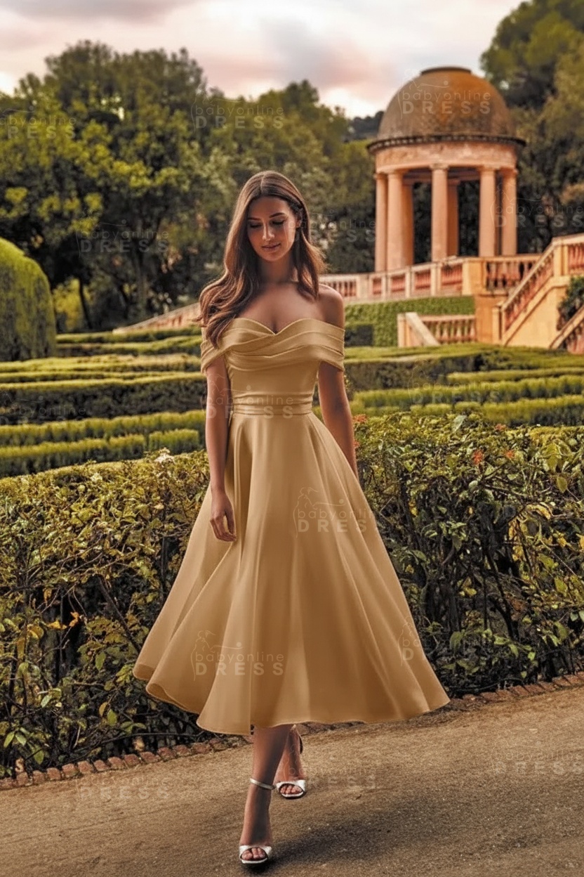 Off-the-Shoulder Tulle Tea Length Aline Wedding Dress Vintage Bridal Dress