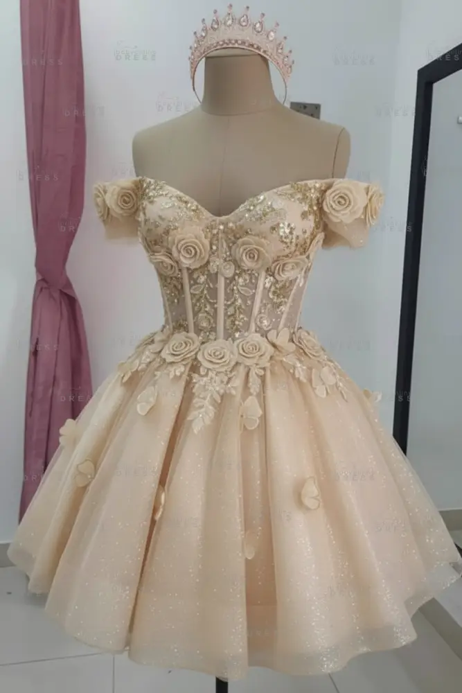 Champagne Sparkly Off Shoulder Tulle Homecoming Dresses Short