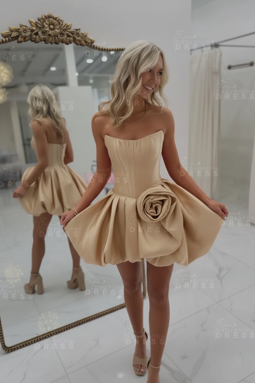 Strapless Satin Corset Short A-Line Homecoming Dress with Flowers