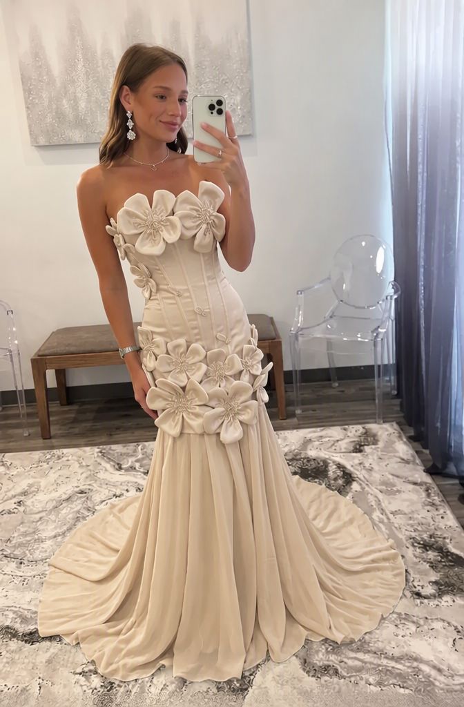 Champagne Satin Bodycon Prom Dress with 3D Floral Appliques