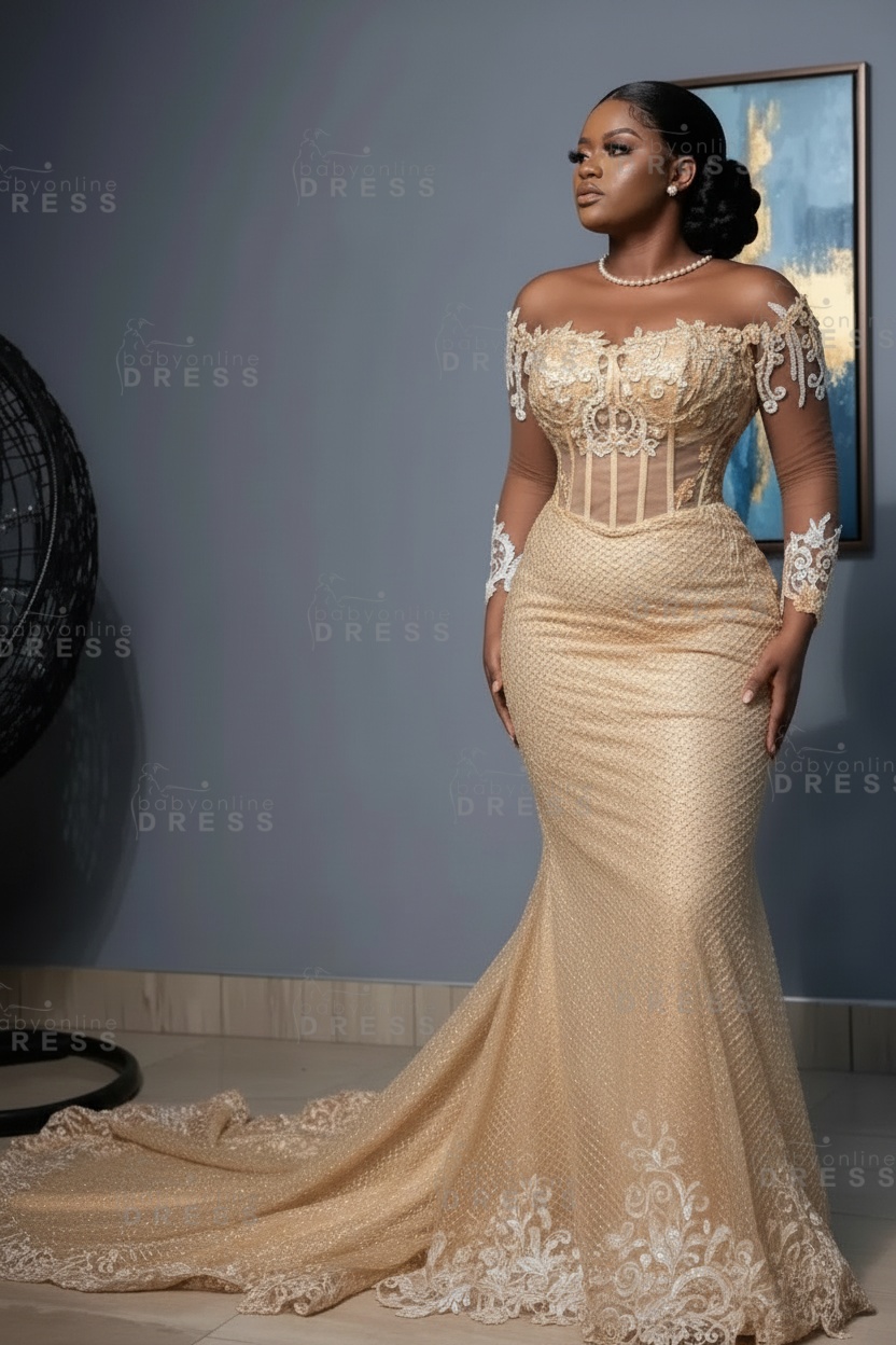 Mermaid Wedding Dress with Long Sleeves Pearls Tulle Lace Bridal Gown Sweep Train