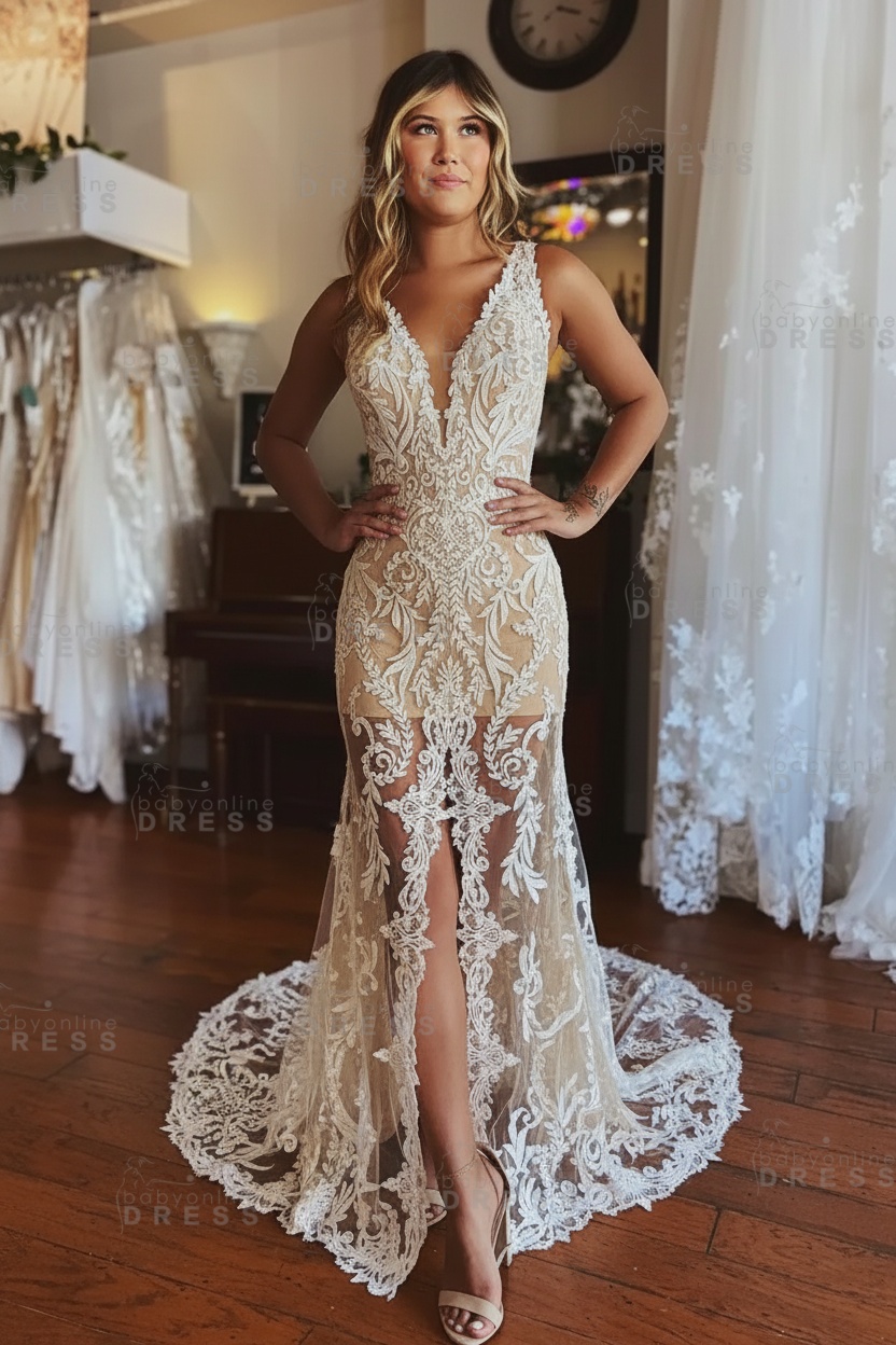 Stylish Floral Lace Mermaid Wedding Dress Deep V-Neck Front Slit Bridal Dress