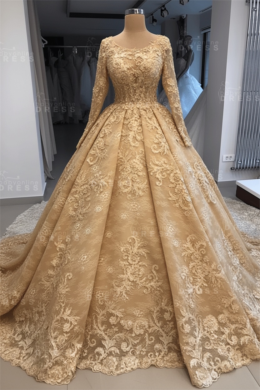 Elegant Scoop Long Sleeves Appliques Ball Gown Wedding Dresses
