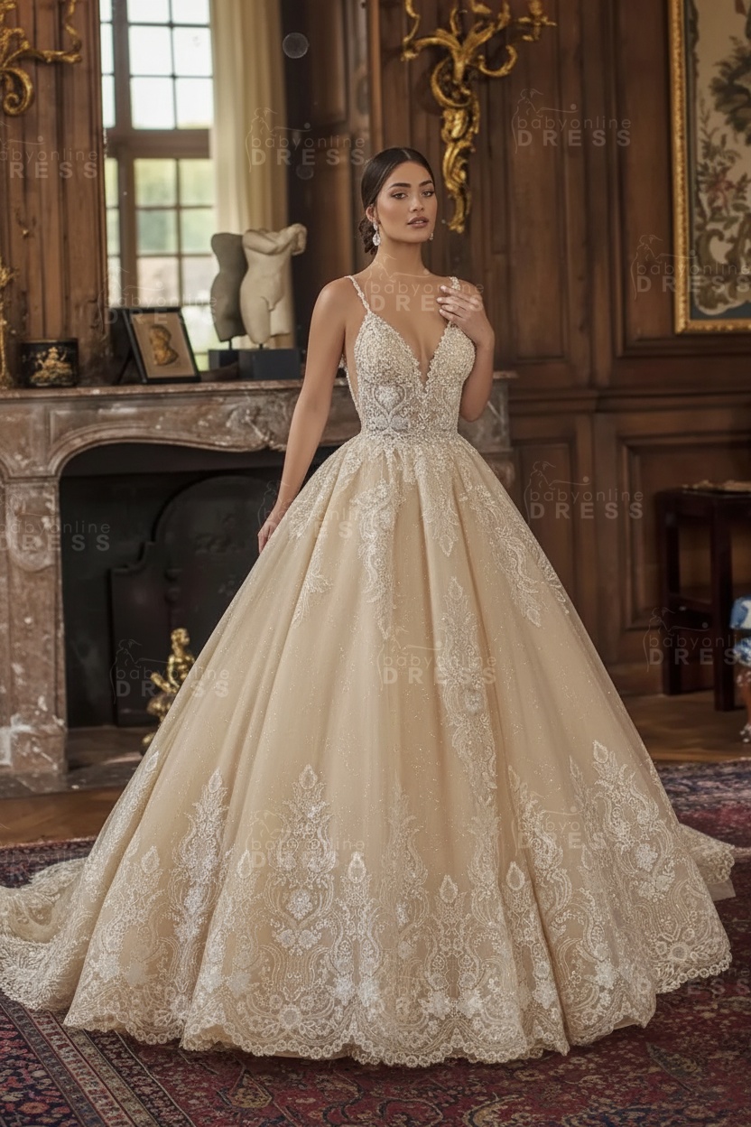 Sleeveless V-neck A-line Princess Lace Wedding Dresses