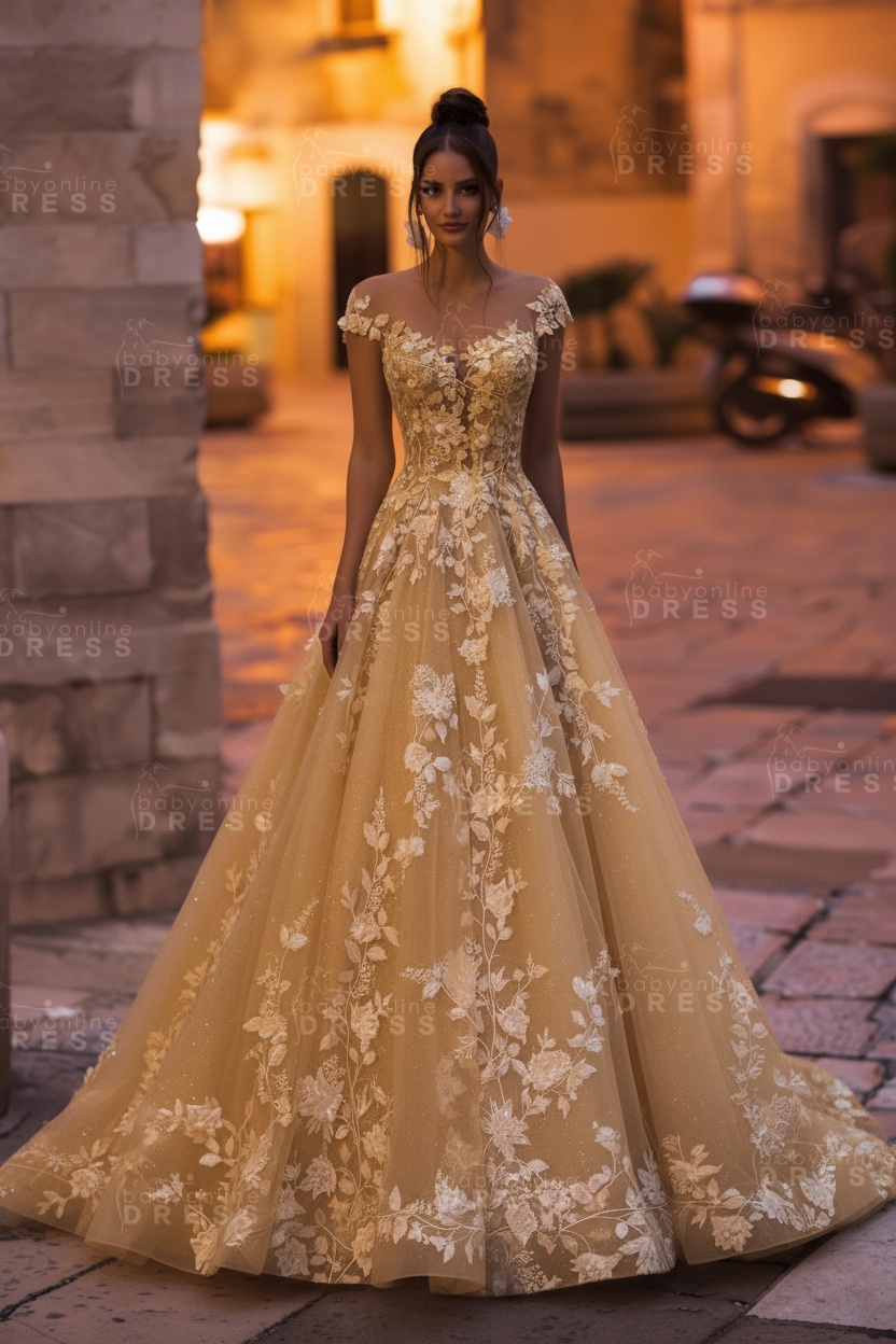 Modest Aline Wedding Dress Cap Sleeves Floral Tulle Lace Floor Length Bridal Dress