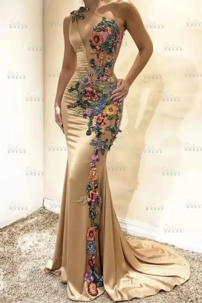 Amazing One-Shoulder Floral Pattern Beadings Floor-Length Mermaid Prom Dress 