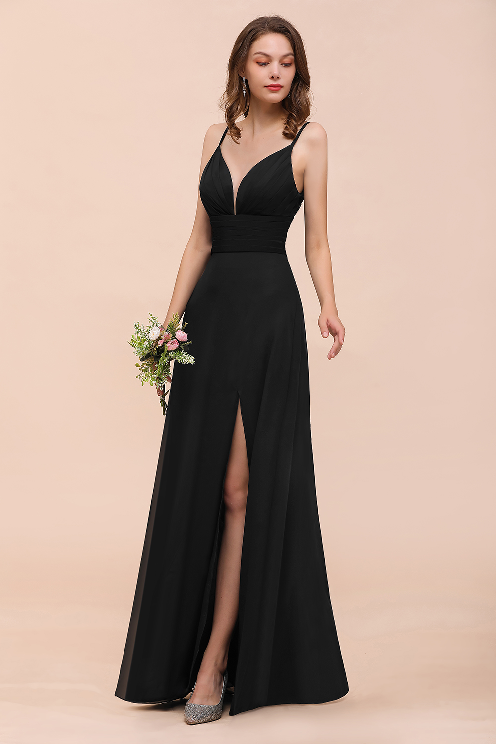Charming Deep V-Neck Black Bridesmaid Dress with Side Slit with Spaghetti Straps