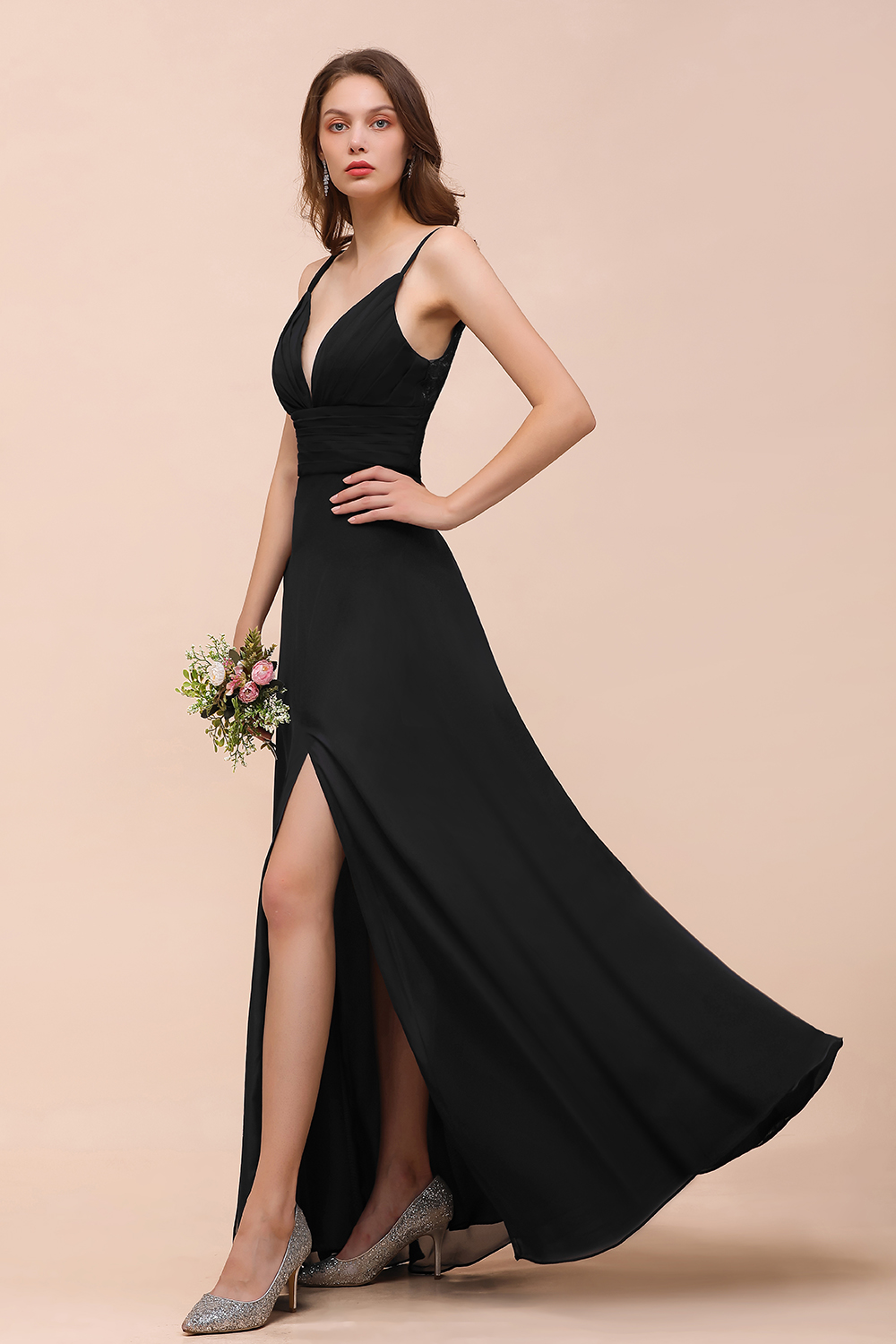 Charming Deep V-Neck Black Bridesmaid Dress with Side Slit with Spaghetti Straps