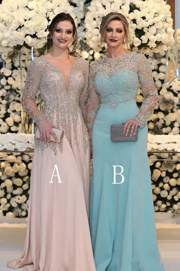 Charming Long Sleeve Lace Prom Dress | Front Split Prom Dress Mother of Bride Dress