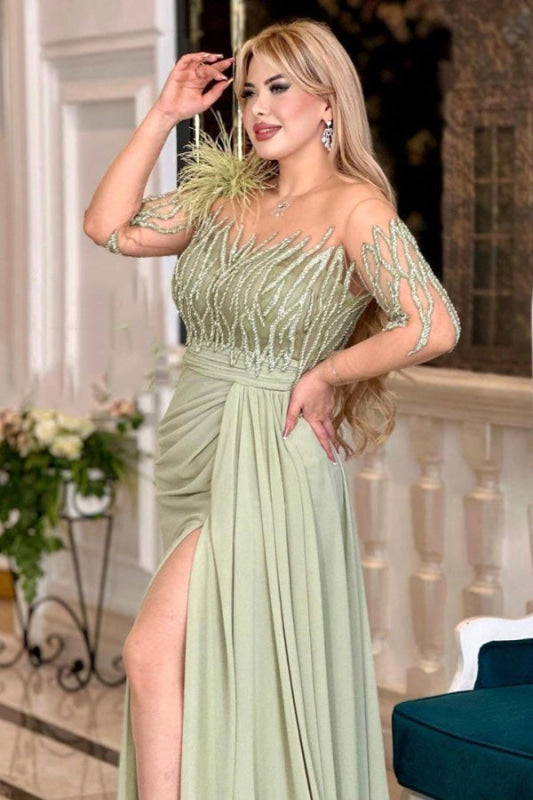 Charming Long Sleeves Sage Ruffle Satin Evening Dress Side Split with Beadings
