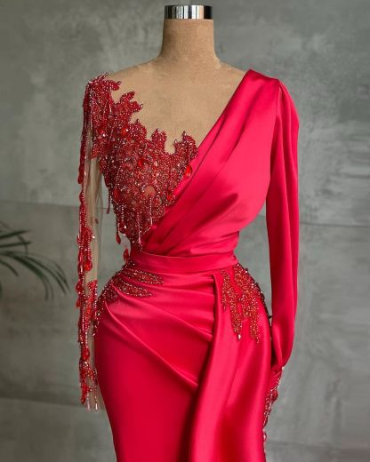 Charming Red One Shoulder Mermaid Evening Gown with Side Cape