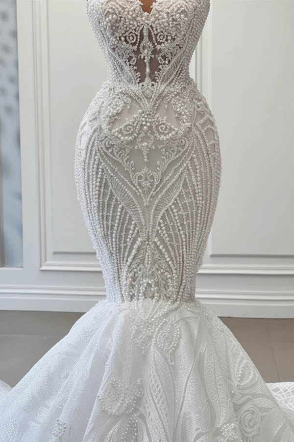 Charming Sleeveless Spaghetti Straps Mermaid Wedding Dress with Ruffles