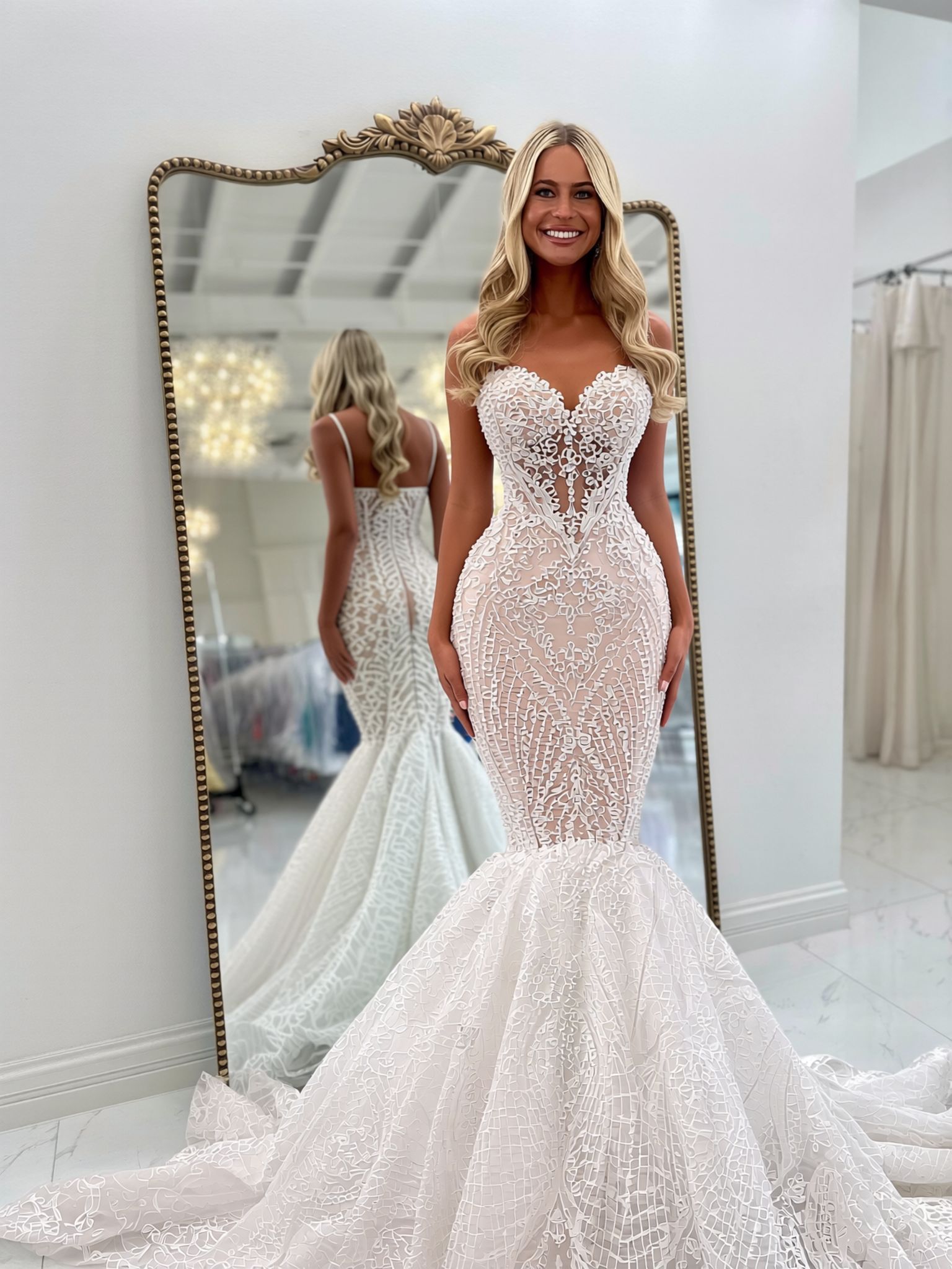 Charming Spaghetti Straps Lace Beaded Long Mermaid Wedding Dress