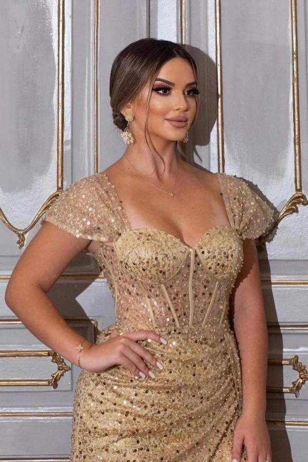 Charming Sweetheart Cap Sleeve Champagne Sequin Long Prom Dresses with Split