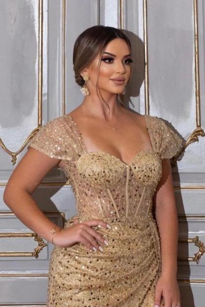 Charming Sweetheart Cap Sleeve Champagne Sequin Long Prom Dresses with Split