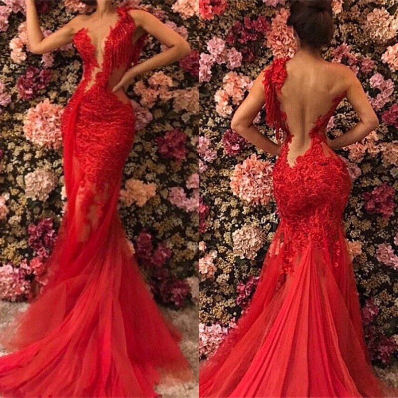 Chic One Shoulder Appliques Tulle Beading Mermaid Floor-Length Prom Dresses