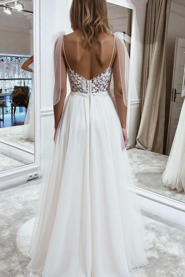Chic Sleeveless 3D Floral Chiffon Wedding Dress with Side Split