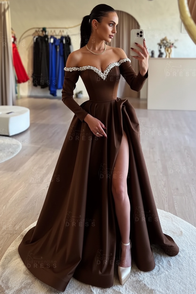 Long sleeves Pearls A-line Princess Front Split Black Prom Dresses