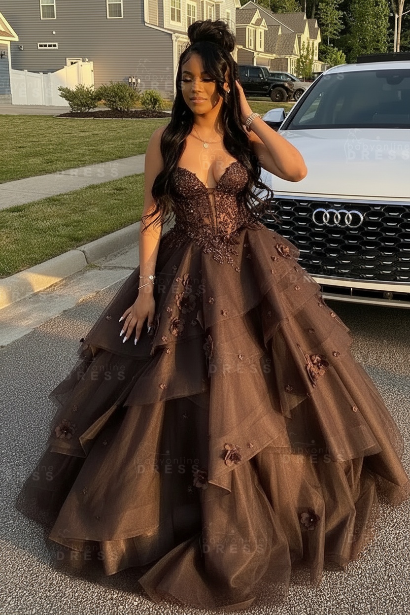 Sleeveless V-Neck Tulle Aline Prom Dress Floral Tiered Ruffles Corset Evening Dress