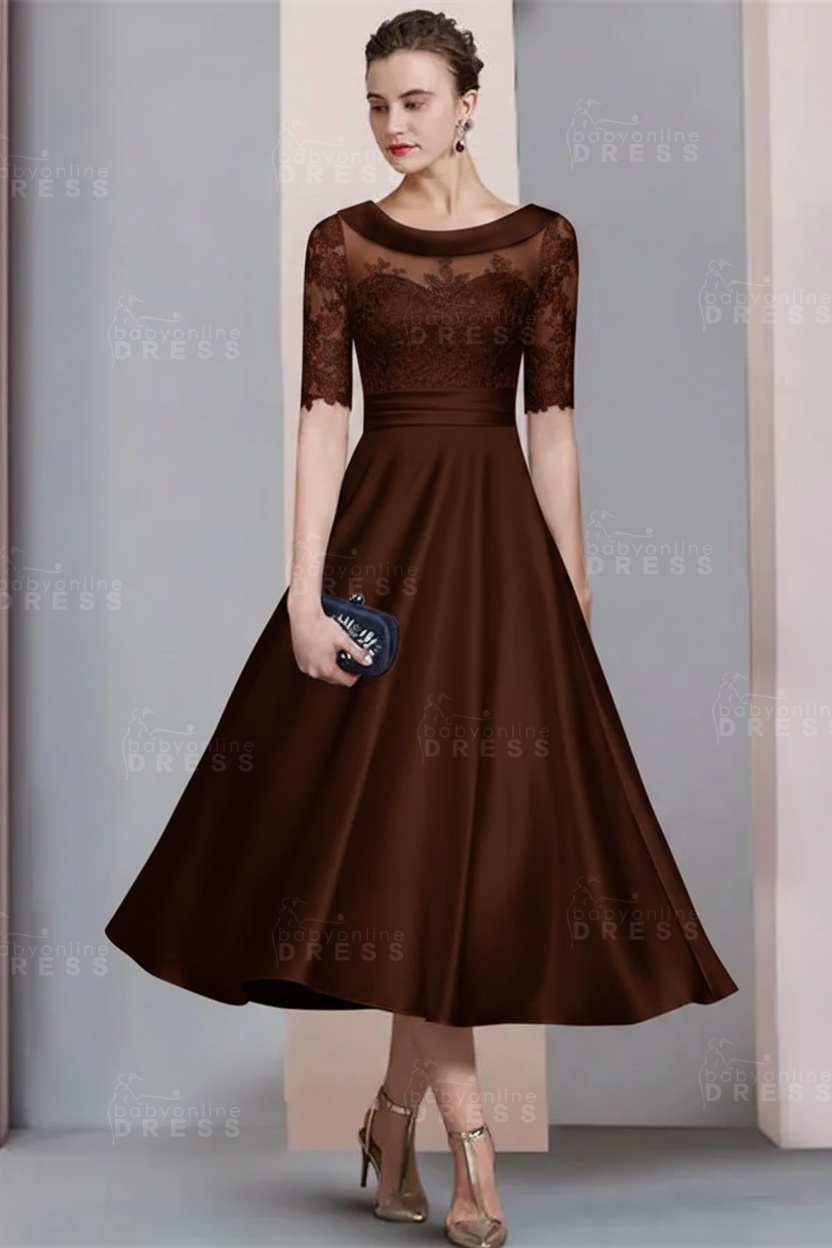 Elegant Ivory Jewel Lace Beading A-Line Tea Length Satin Wedding Guest Dress Formal Mother Dress