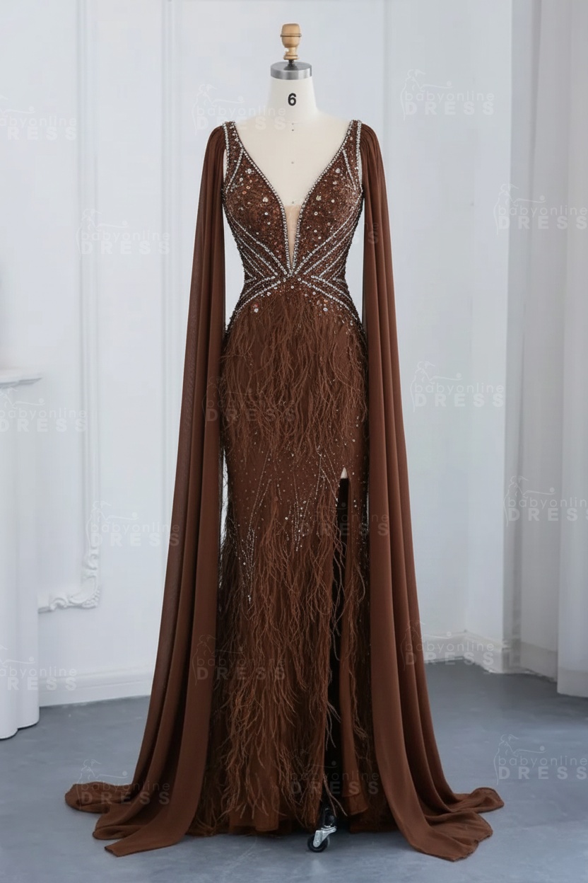 Glamorous V-Neck Fur Beadings Front Slit Mermaid Evening Gowns with Tulle with Cape Sleeves Wedding Party Dress