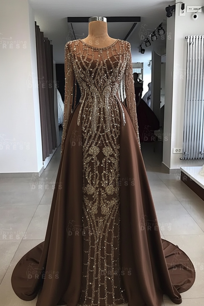 Shining Beaded Long Sleeves Round Neck Prom Dresses With Over Skirt | A Line Evening Gowns