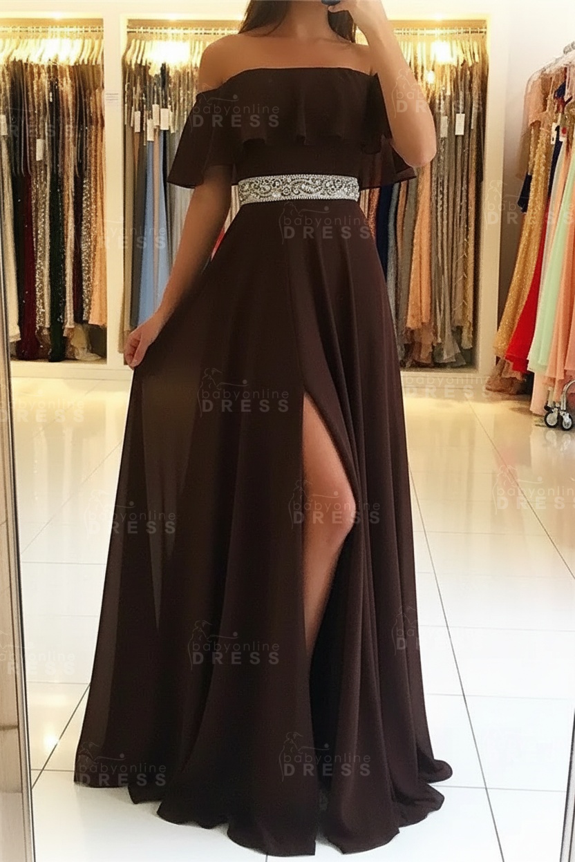 Sky Blue Off The Shoulder Evening Dresses Sexy | Chiffon Side Slit Prom Dress with Crystals Belt