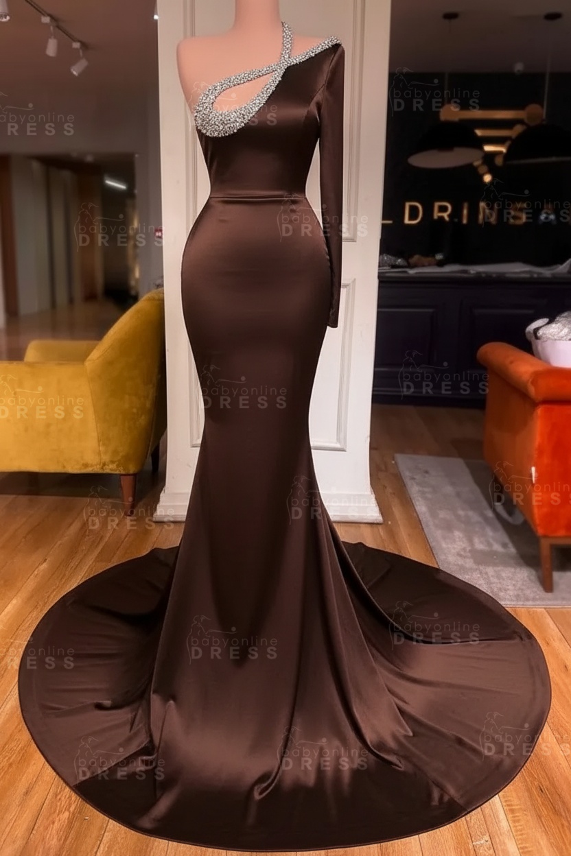 Long sleeves Beaded neckline Black Mermaid Prom Dresses