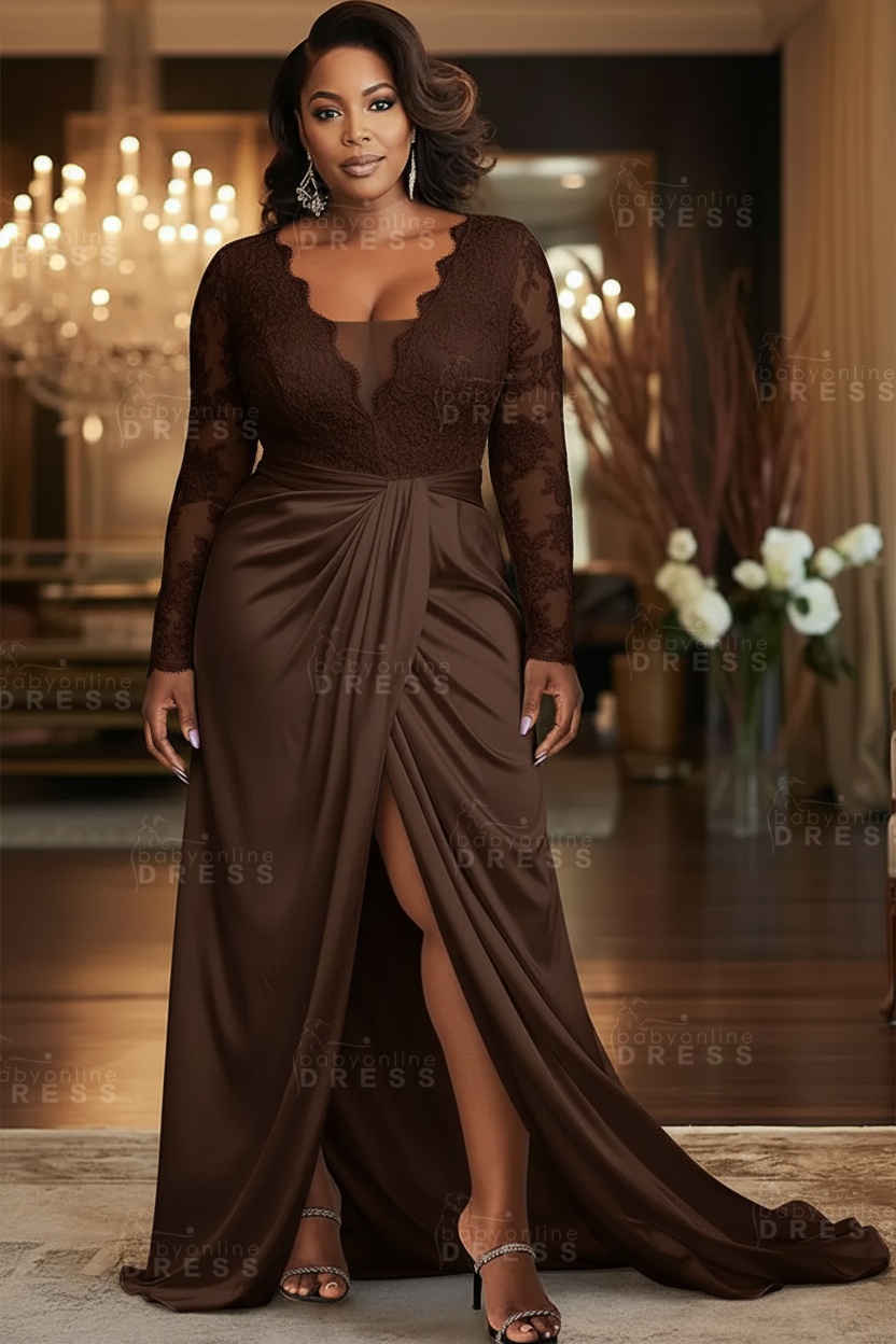 V-neck Appliques Lace Long Sleeve A-Line Prom Dresses with Slit