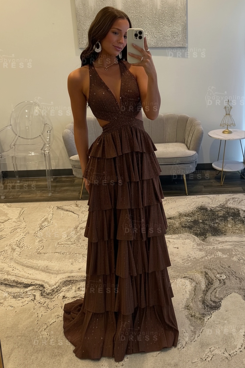 Halter Aline Prom Dress Sequined V-Neck High Split Evening Dress Long