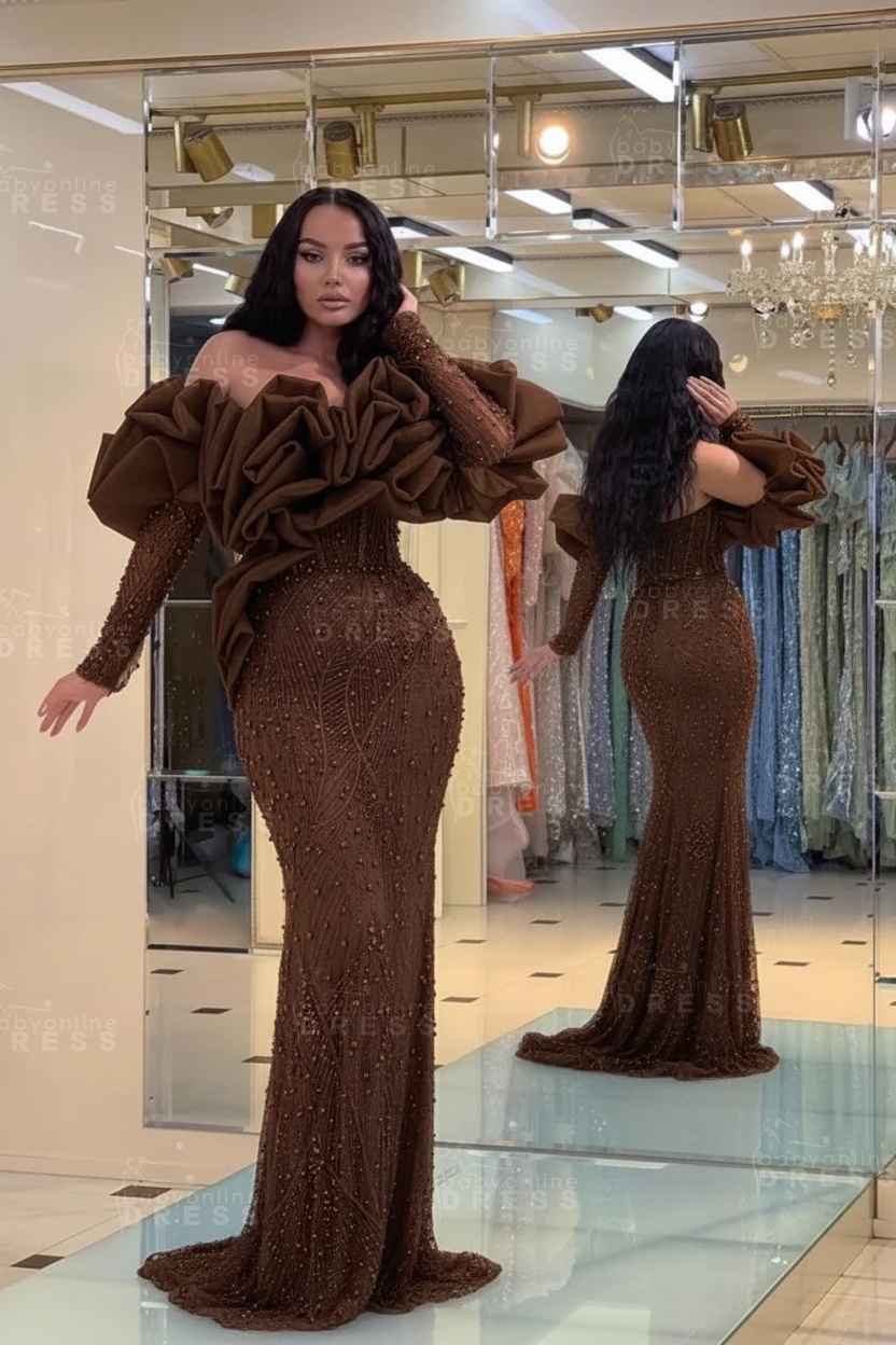Bubble Sleeves Long Mermaid Prom Dress with Sequins and Beadings