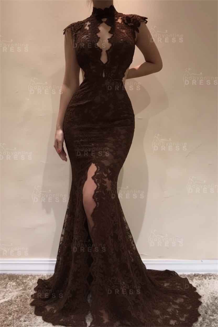 Sleeveless Front Split Evening Dresses | Black High Neck Lace Sexy Prom Dresses