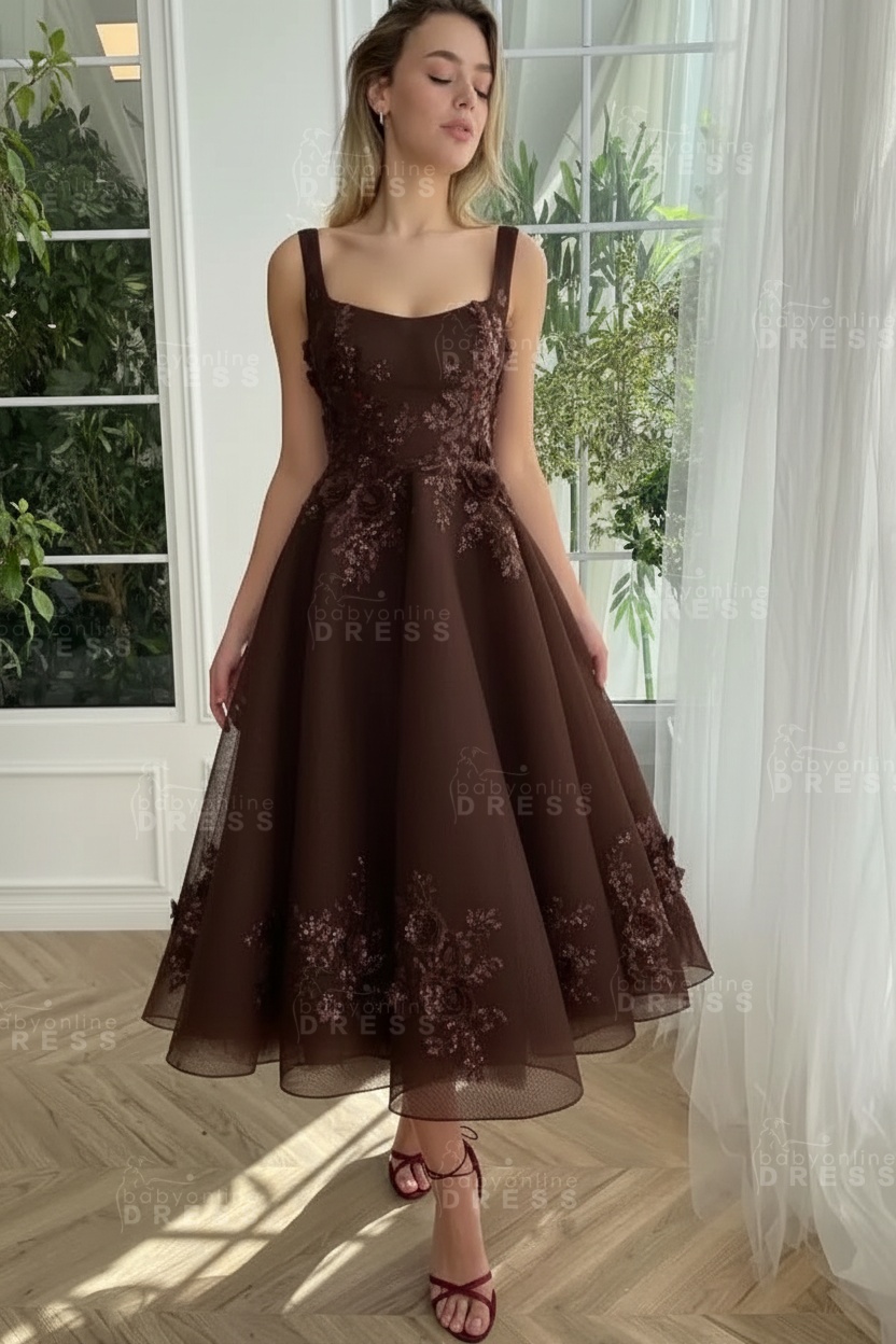Burgundy Ankle length square neck Homecoming Dress Tulle Aline Formal Dress