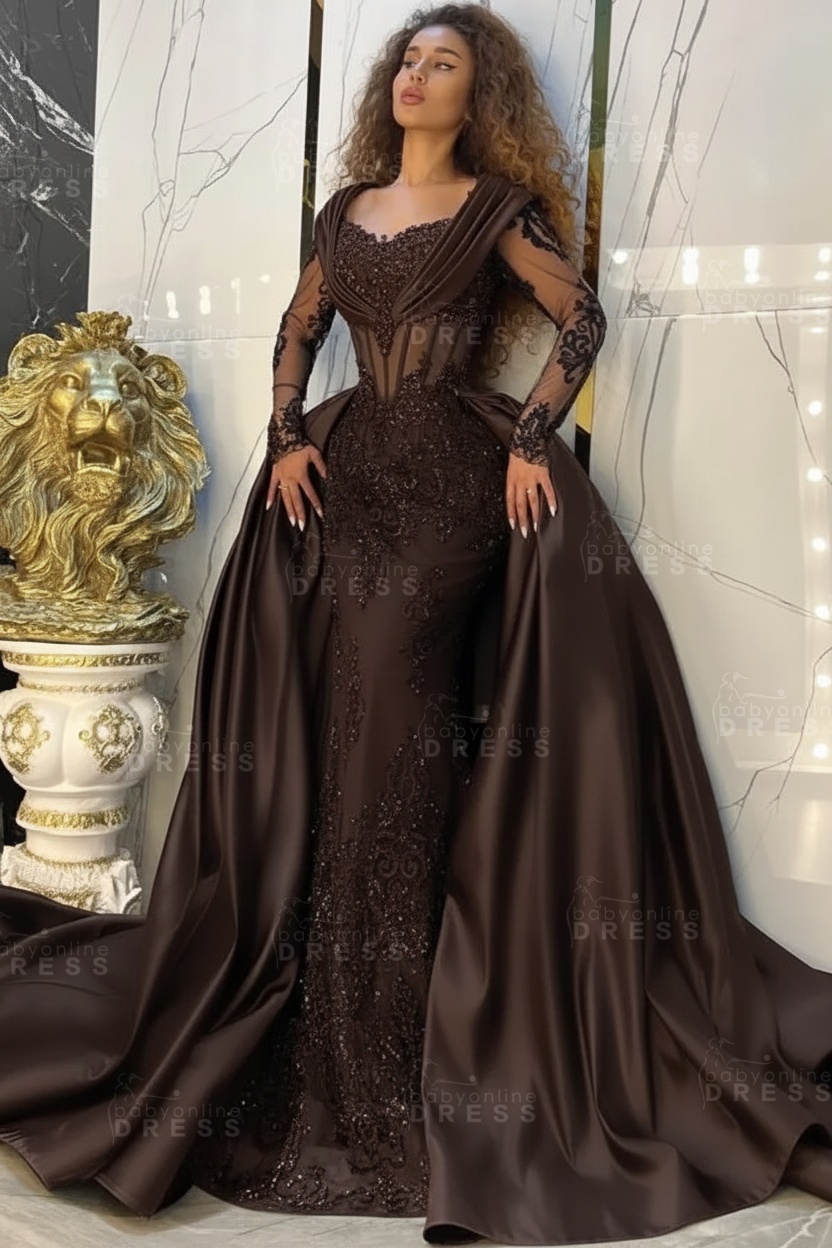 Gorgeous Sweetheart Appliques Lace A-Line Prom Dresses Long Sleeve Chapel Train