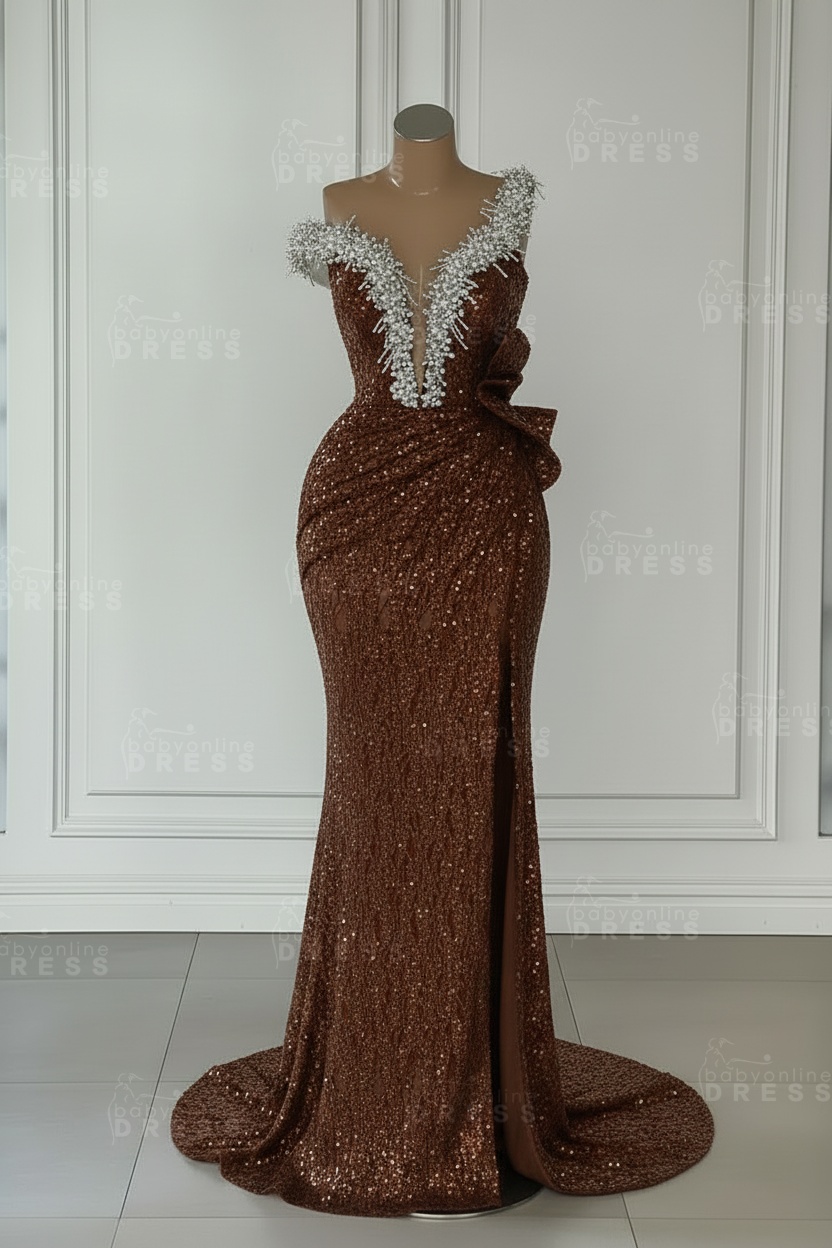One Shoulder Sequins Sleeveless Long Mermaid Prom Dress